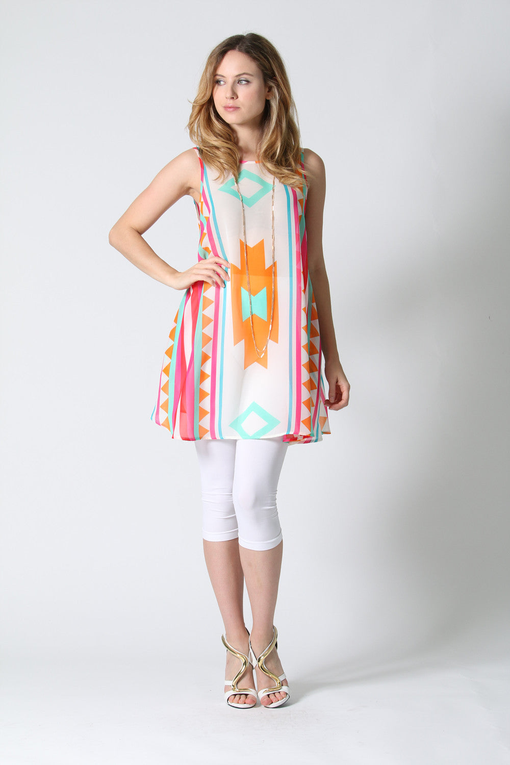 White & coral geo side-pocket swing tunic