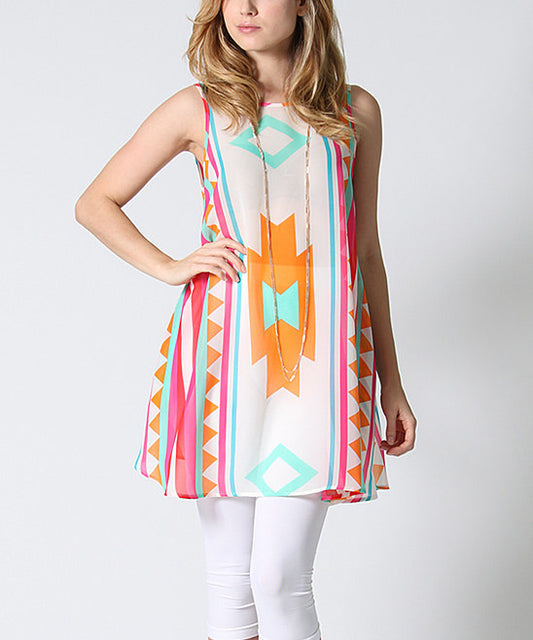 White & coral geo side-pocket swing tunic