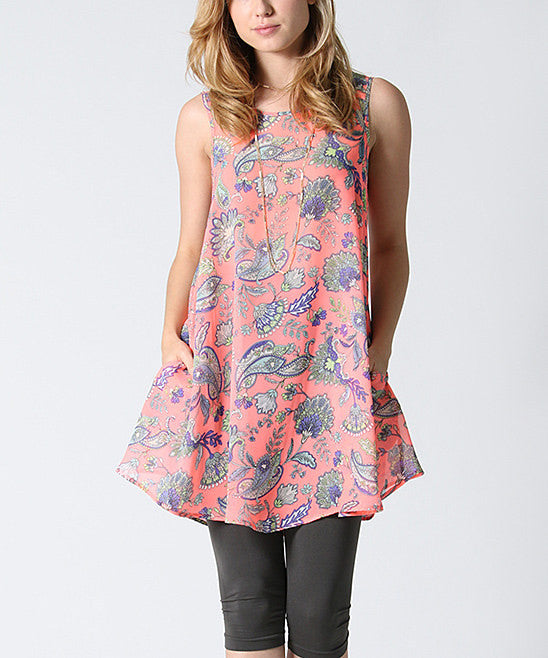 Coral paisley side-pocket swing tunic