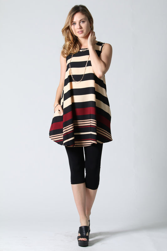 Black and burgundy striped side-pocket swing tunic