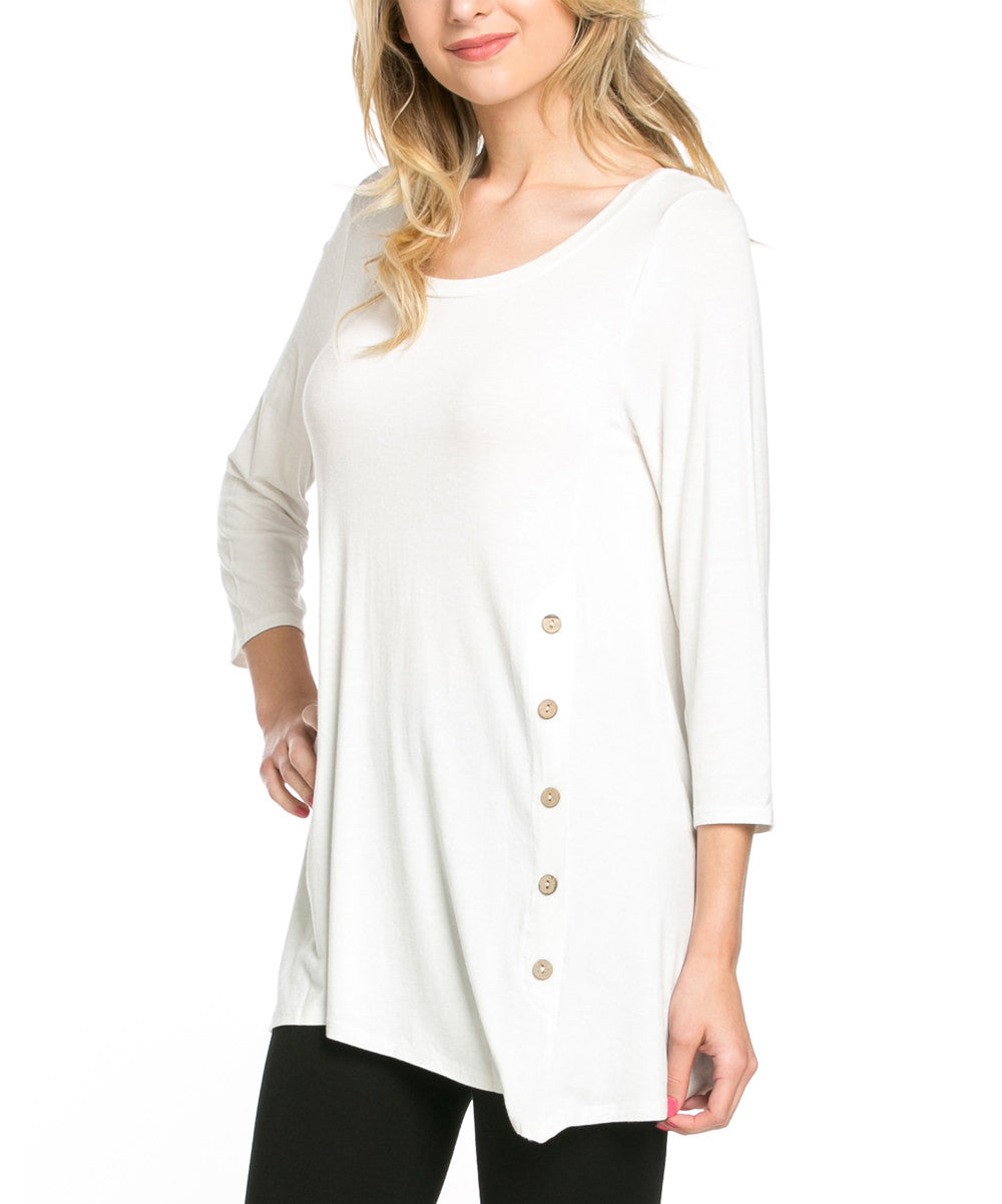 Cream Button-Accent Asymmetric-Hem Tunic