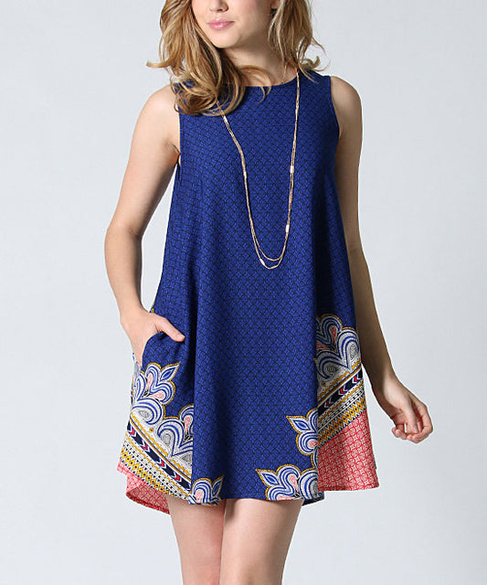 Royal blue border print side pocket swing tunic