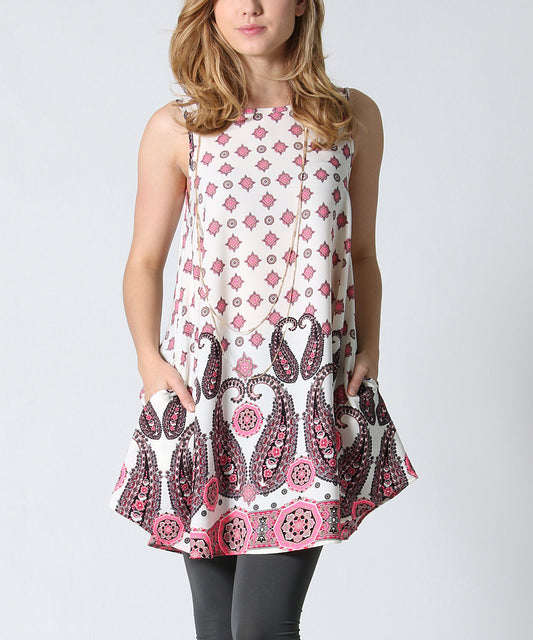 Ivory and Pink border print side-pocket swing tunic