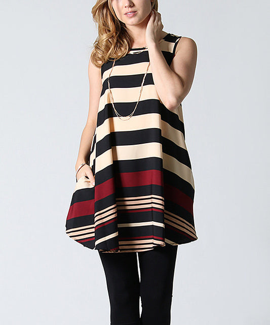 Black and burgundy striped side-pocket swing tunic